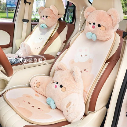 Kawaii Plush Bear Car Seat Accessories – Cute Headrest, Backrest & Pad Options