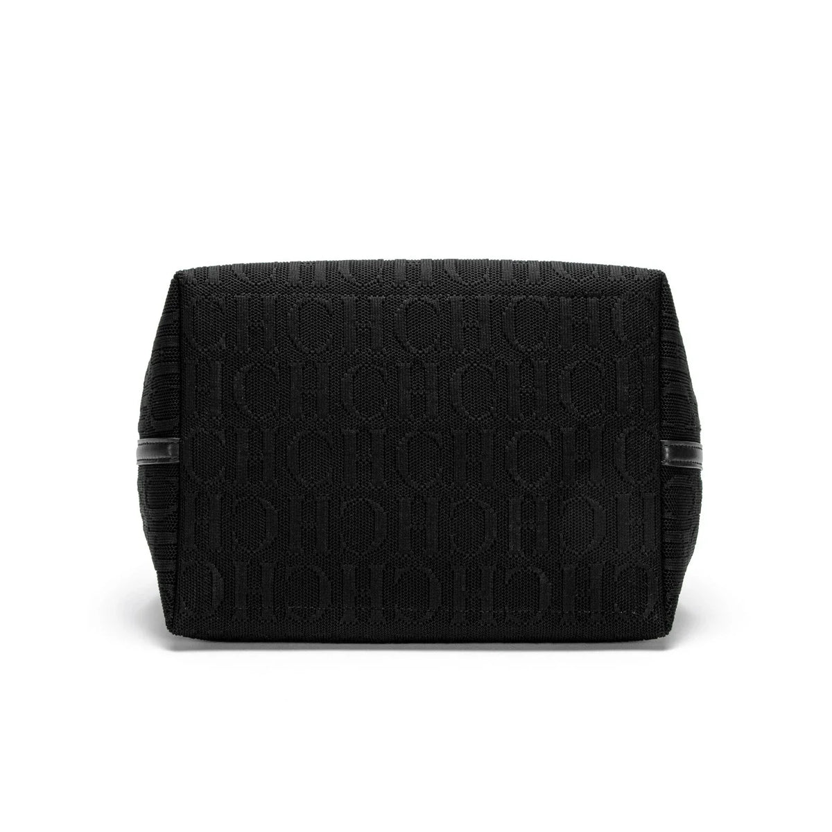 Black knitted tote bag with embossed CHCH pattern, structured front, short side straps.