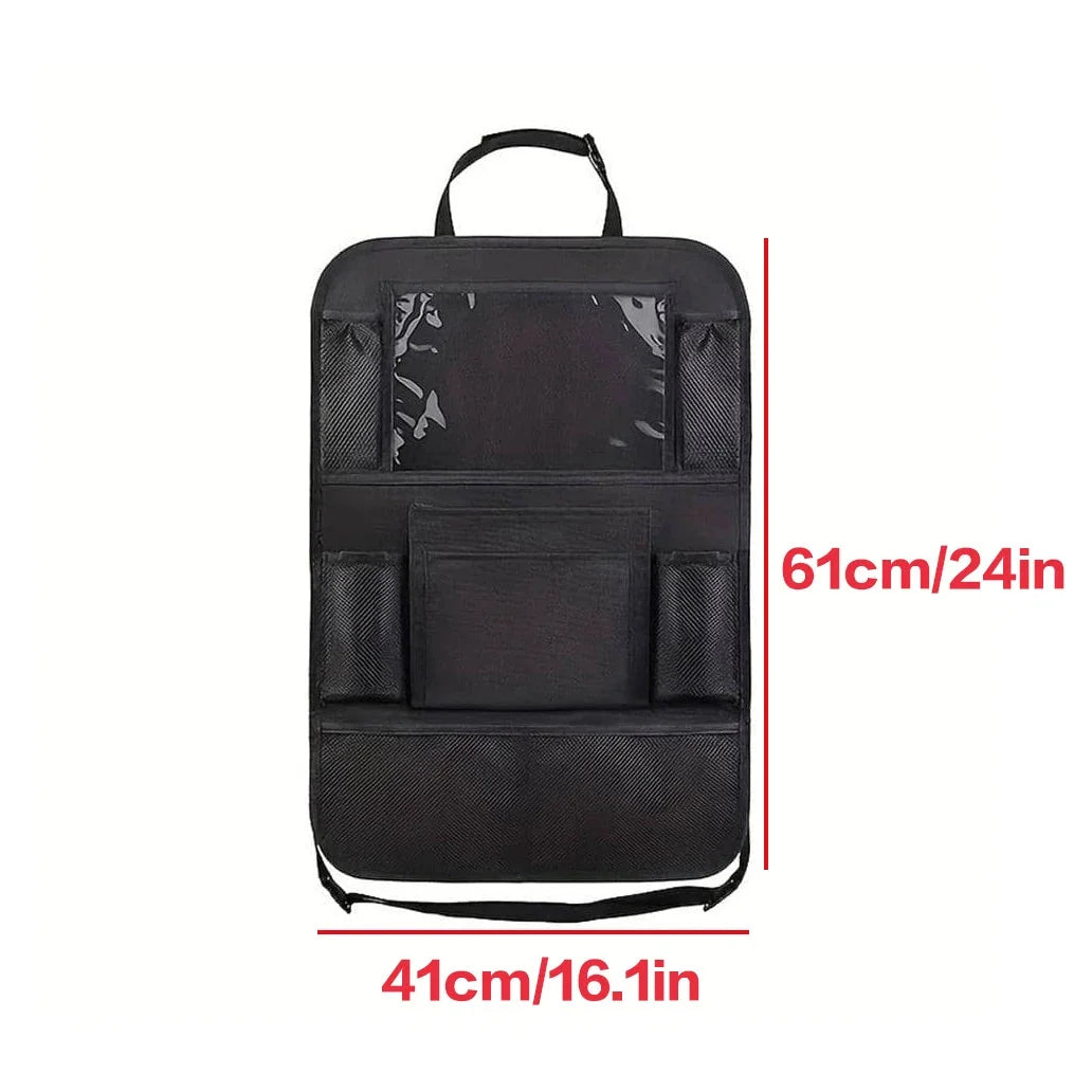 Car seat back organizer bag with handle, front compartments, and mesh side pockets