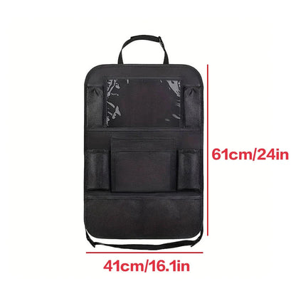 Car seat back organizer bag with handle, front compartments, and mesh side pockets
