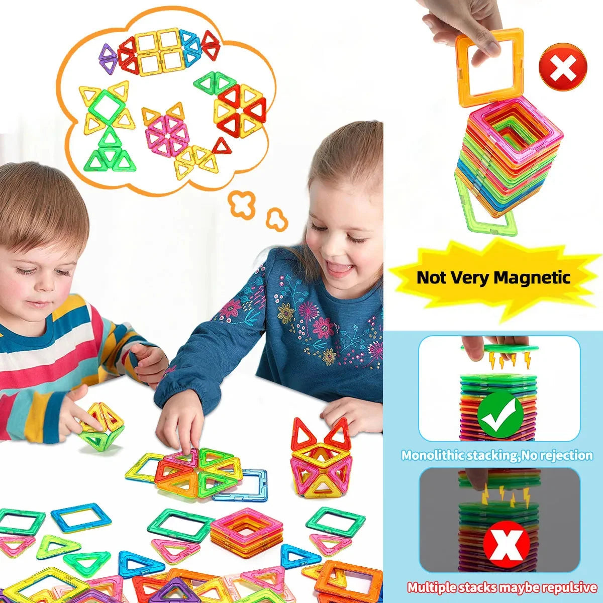 Children playing with colorful magnetic building blocks, including triangle and square pieces