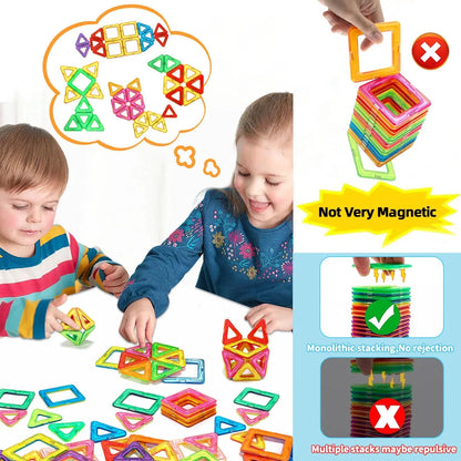 Children playing with colorful magnetic building blocks, including triangle and square pieces