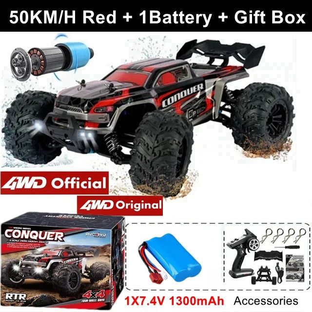 Red 1:16 4x4 off-road RC truck with black wheels and large knobby tires