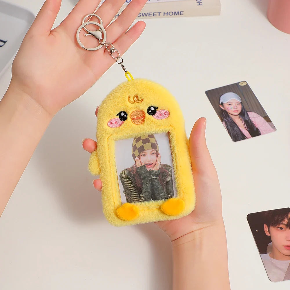 Yellow plush animal photo card holder keychain with key ring, face design, and photo window