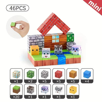 Magnetic building blocks set with red, green, and stone cube houses and animal faces
