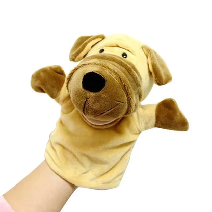 Tan plush finger puppet dog with stitched smile and rounded snout