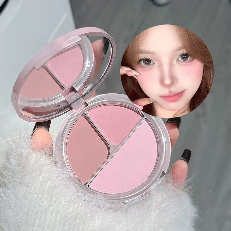 Pink bear-themed compact blush with mirror; makeup palette and cheek shades