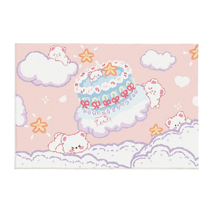 Pastel plush area rug with cloud landscape, cute animals, and scattered star shapes