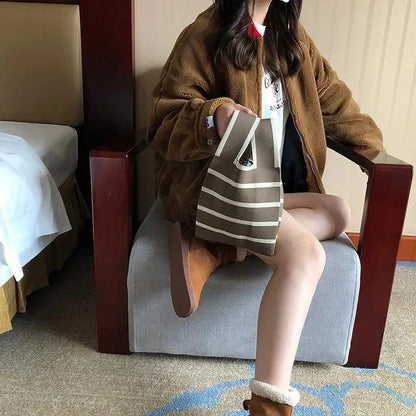 Handmade knitted mini tote handbag, khaki with white striped bands and wrist strap