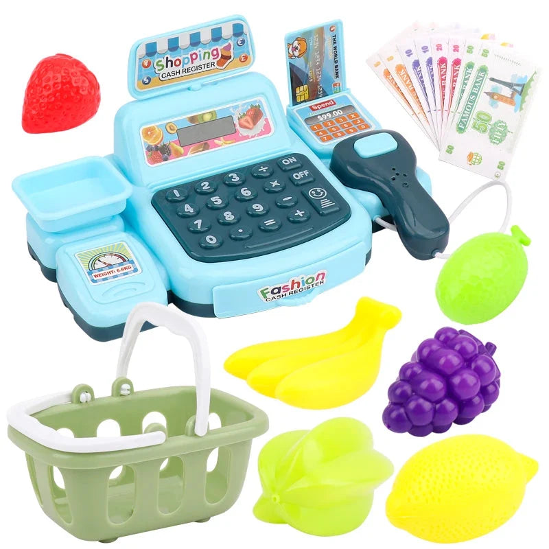 Light blue electronic shopping cash register toy with screen, phone, and toy groceries