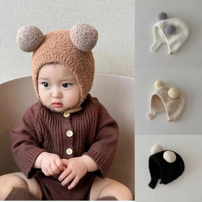 Kids bear-ear ear protection hood hat on baby, with matching hood caps shown