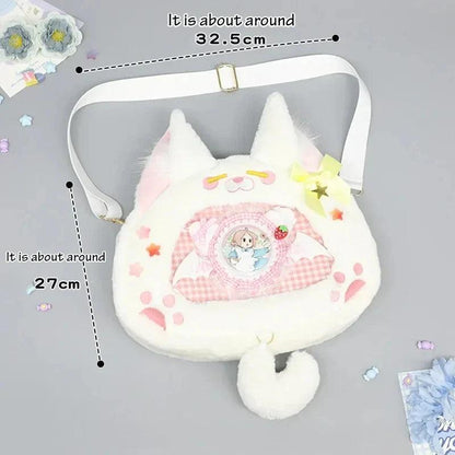 White cat plush ita bag with pink gingham center panel and yellow star bow
