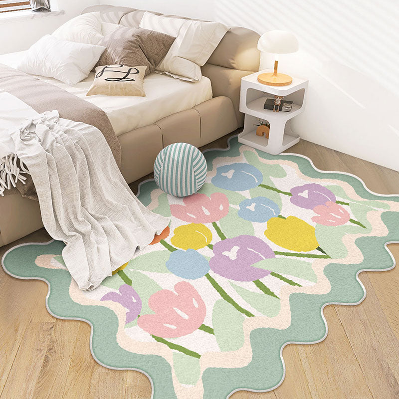 Pastel tulip floral area rug with scalloped edges and mint green border