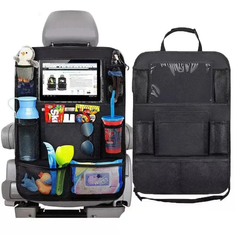 Black car seat organizer set showing front tablet sleeve and mesh storage pockets.