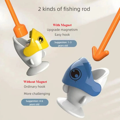 Two dinosaur-shaped magnetic fishing hooks on white base, orange rods