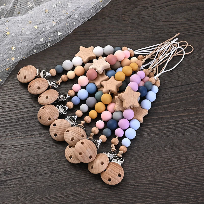 Baby pacifier clip teether chain with wooden star and silicone beads, multi-color set