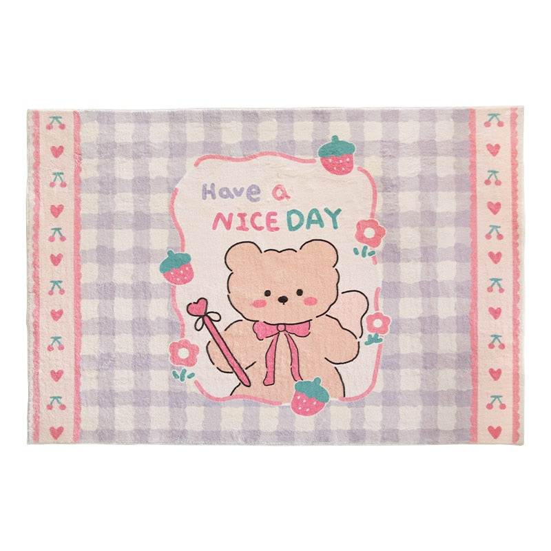 Pastel plush area rug with teddy holding a shovel and “Have a NICE DAY” text in purple