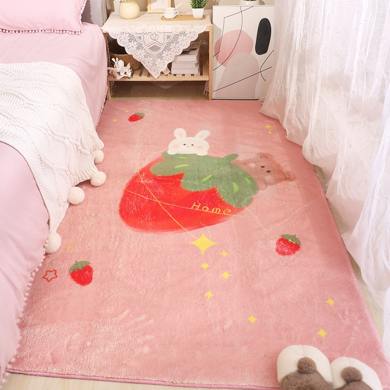 Pink animal pancake area rug with strawberry accents and sparkly dots