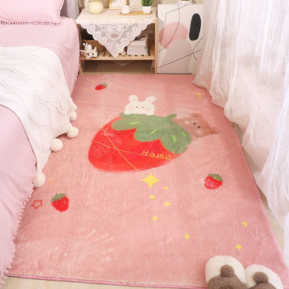 Pink animal pancake area rug with strawberry accents and sparkly dots