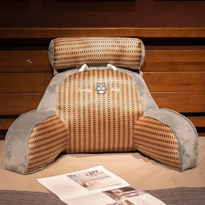 Gray and tan plush reading pillow with open wraparound arms and striped animal panel