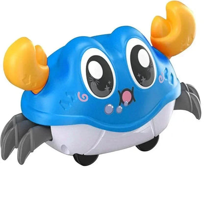 Blue interactive crawling crab toy with orange claws, gray feet, and glossy eyes