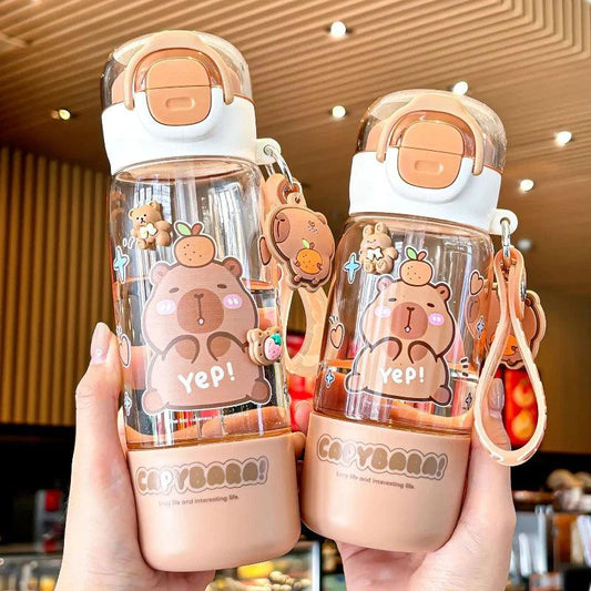 Capybara-themed water bottle with clear body, white cap and orange latch, bear graphics