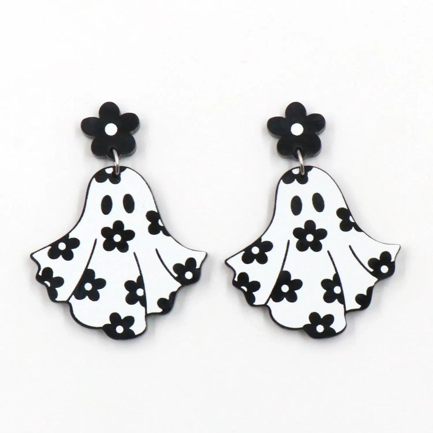 Ghost dangle earrings with black flower studs and white floral ghost charms