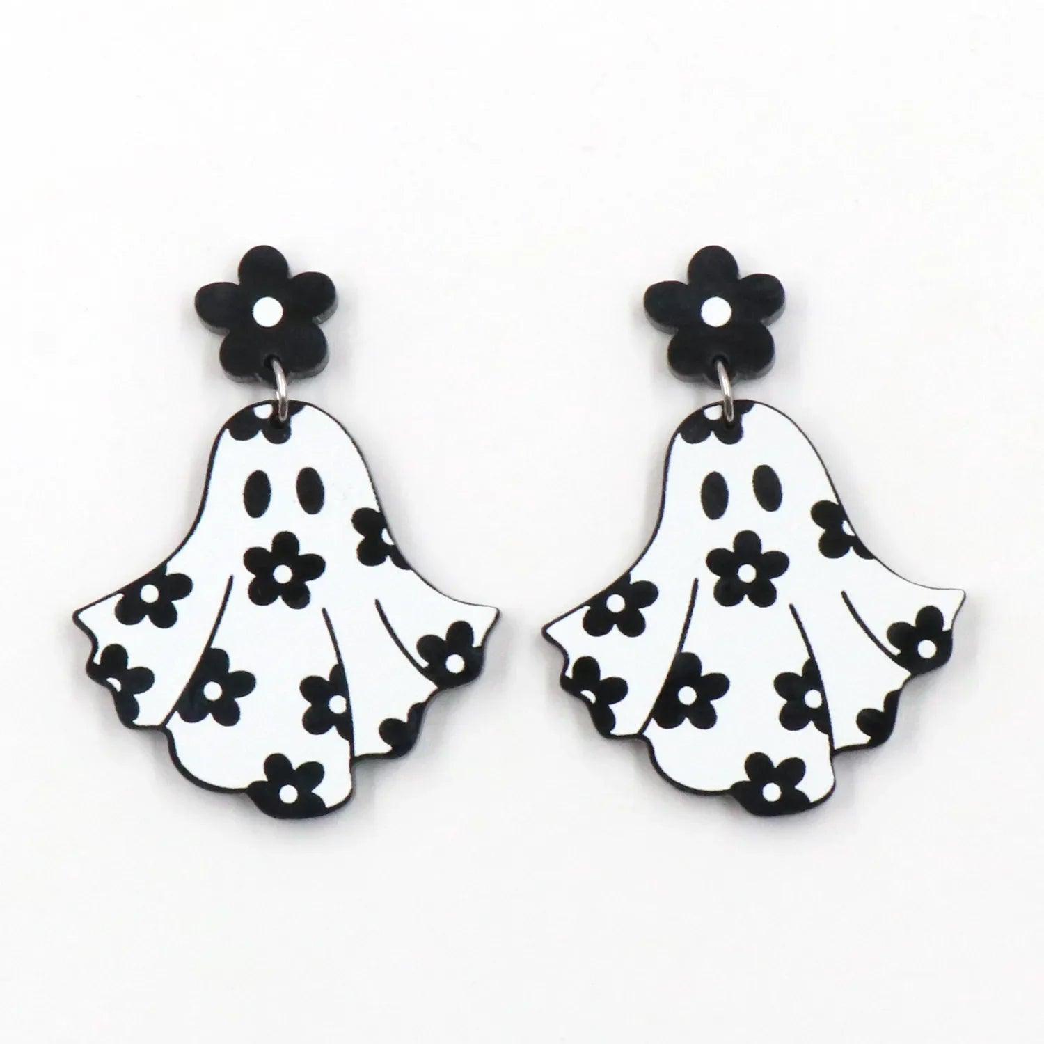 Ghost dangle earrings with black flower studs and white floral ghost charms