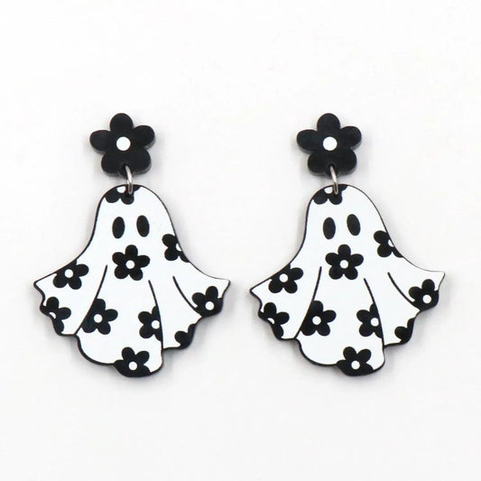 Ghost dangle earrings with black flower studs and white floral ghost charms