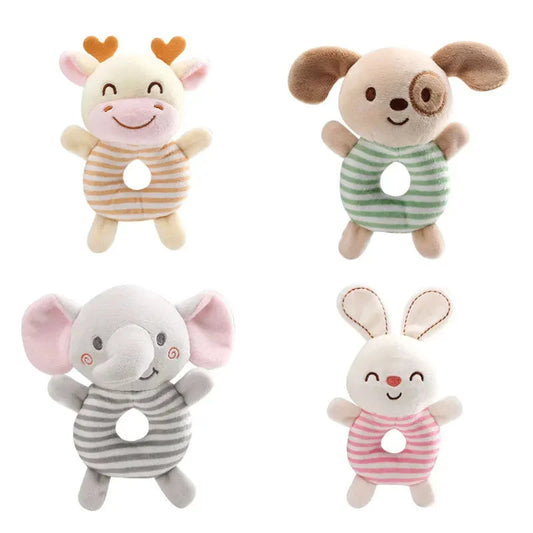 Cartoon animal plush infant ring rattle toy in striped cow design with round rattle