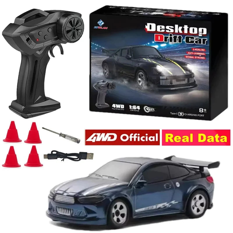 RC drift car starter kit with black remote and 1:64 blue model car