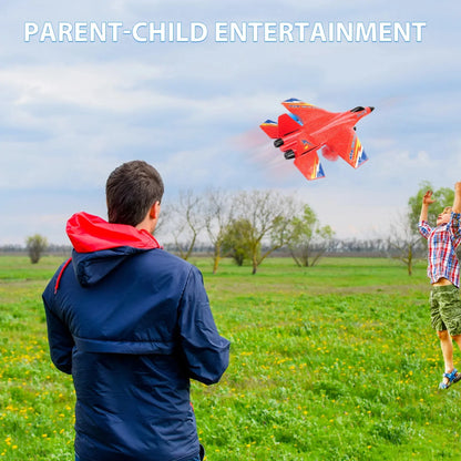 Orange-red EPP RC airplane in flight above children outdoors, remote control toy
