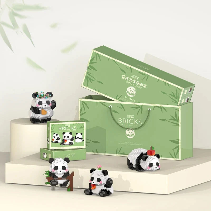 Panda building block set box and assembled panda models with orange carrot detail