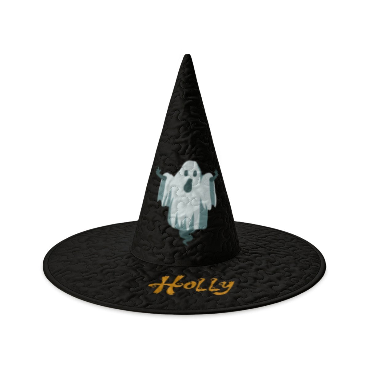 Black witch hat with ghost emblem and embroidered name 'Holly' on brim