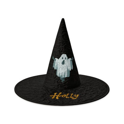 Black witch hat with ghost emblem and embroidered name 'Holly' on brim