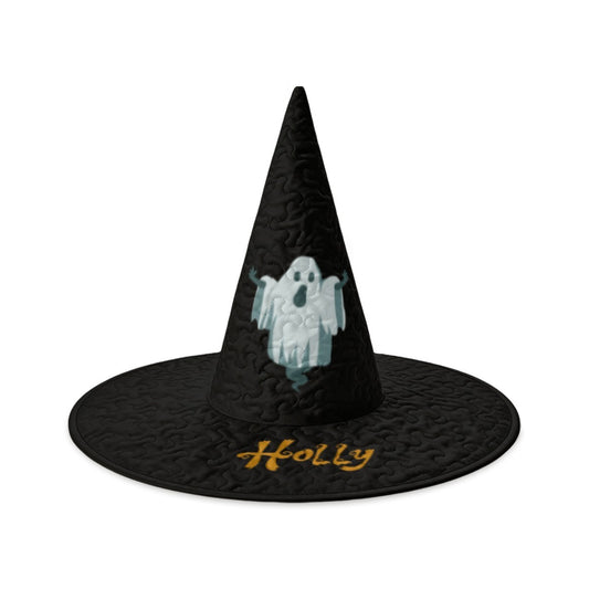 Black witch hat with ghost emblem and embroidered name 'Holly' on brim