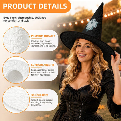 Black witch hat with ghost emblem on pointed crown and finished textured brim