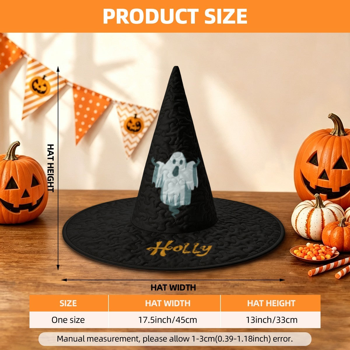Black witch hat with ghost patch and embroidered 'Holly' on wide brim
