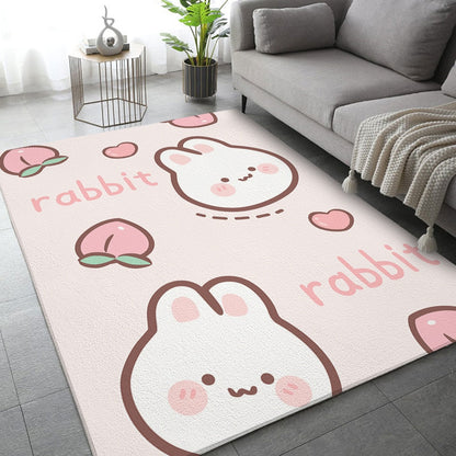 White and pink rabbit area rug with bunny face, hearts, and scattered word art