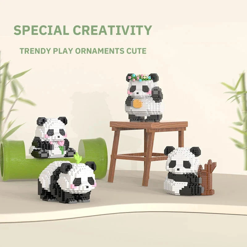 Cute panda building block set with three assembled mini pandas on display