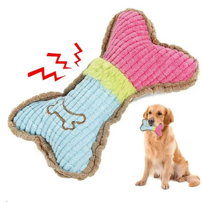 Plush squeaky bone toy, pink and blue with green center stripe, brown trim.