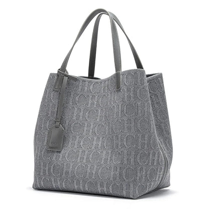 Large knitted tote bag with allover monogram pattern and two top handles, gray