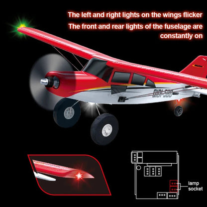 Red RC airplane model with LED wing and fuselage lights for night flying