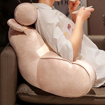 Grey cat reading pillow with plush round head, long arm rest, and button clasp detail