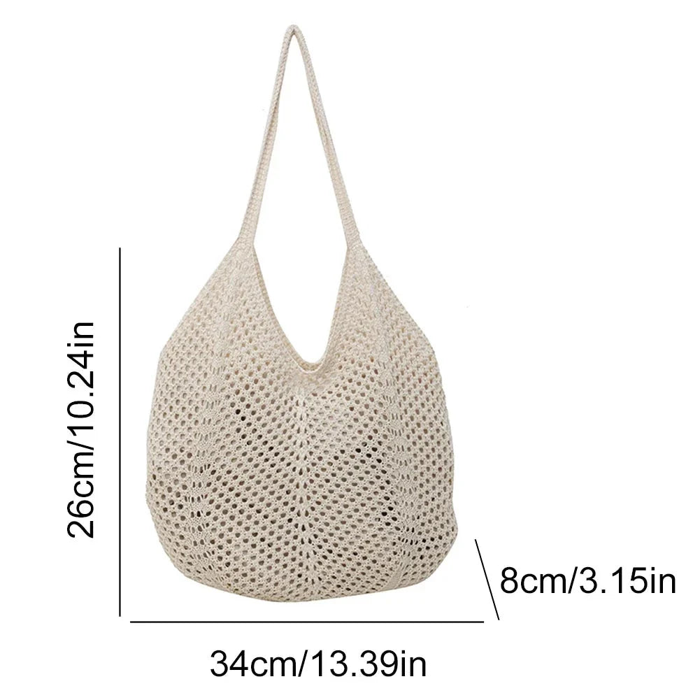 Beige knit shoulder bag size: 34cm wide, 26cm tall, 8cm deep