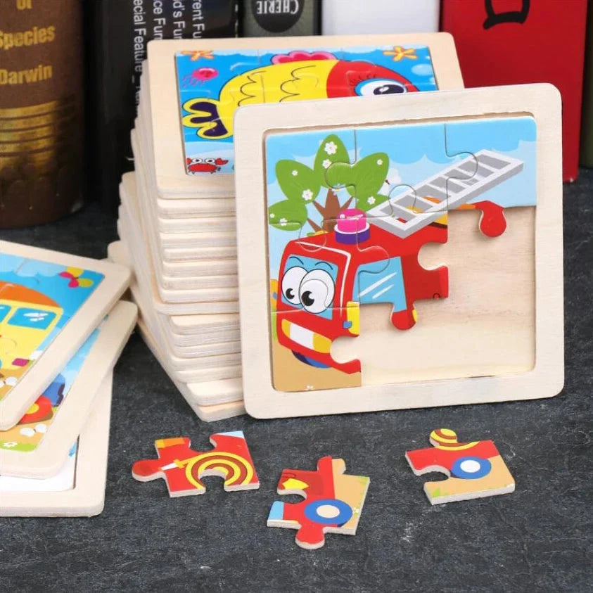 Wooden jigsaw puzzle with cartoon vehicle scene, pieces scattered on a board