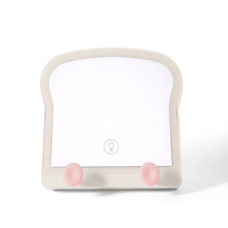 Toast-shaped LED makeup mirror with blank screen, white frame, phone stand pegs