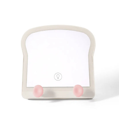 Toast-shaped LED makeup mirror with blank screen, white frame, phone stand pegs