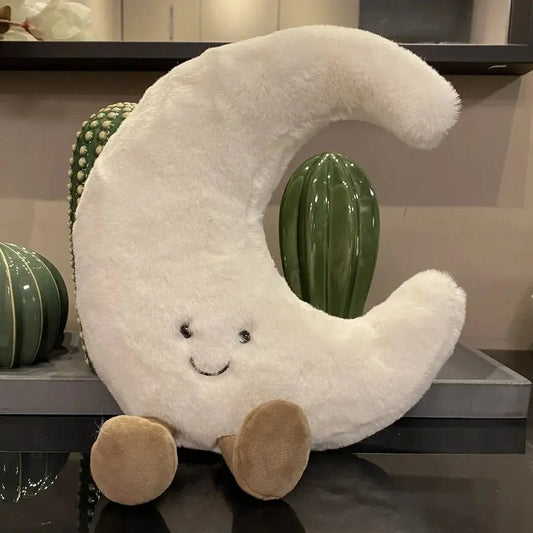Smiling white moon plush stuffed pillow with soft loop shape and brown feet