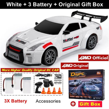 White remote control car with black rear wing and sporty decals, three-quarter front view